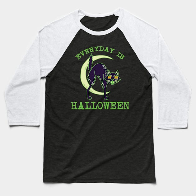 Everyday Is Halloween - Kitschy Cute Vintage Green Halloween Cat Baseball T-Shirt by FatCatSwagger
